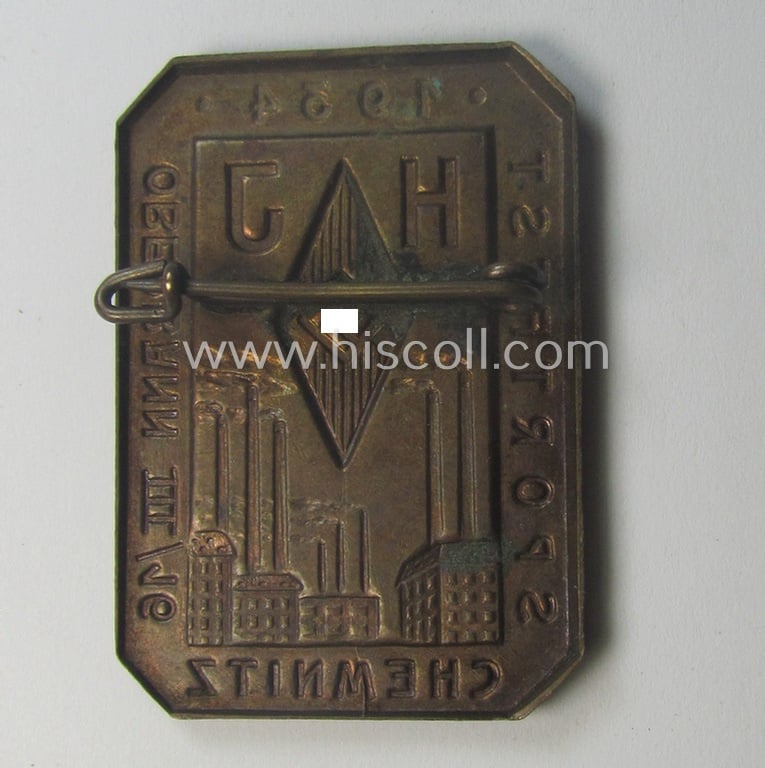 HJ- (ie. 'Hitlerjugend'-) related day-badge (ie. 'tinnie' or: 'Veranstaltungsabzeichen') as was issued to commemorate a HJ-related sports-event named: 'H.J. Sportfest - Oberbann III/16 - Chemnitz - 1934'