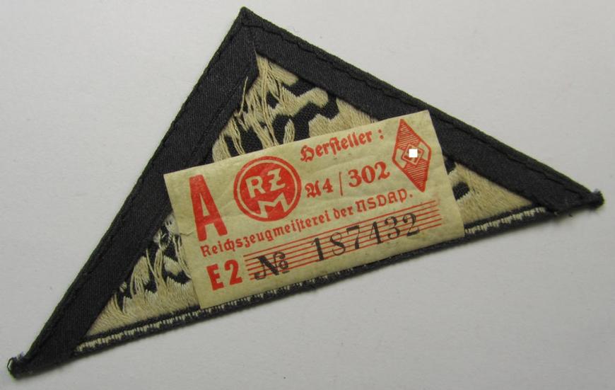 'HJ' ('Hitlerjugend') ie. 'BDM' ('Bund Deutscher Mädel'-) district-triangle (ie. 'Gebietsdreieck') entitled: 'Süd Schwaben' (being a hardly used- and/or IMO never worn example that still retains its period-attached 'RzM'-etiket)