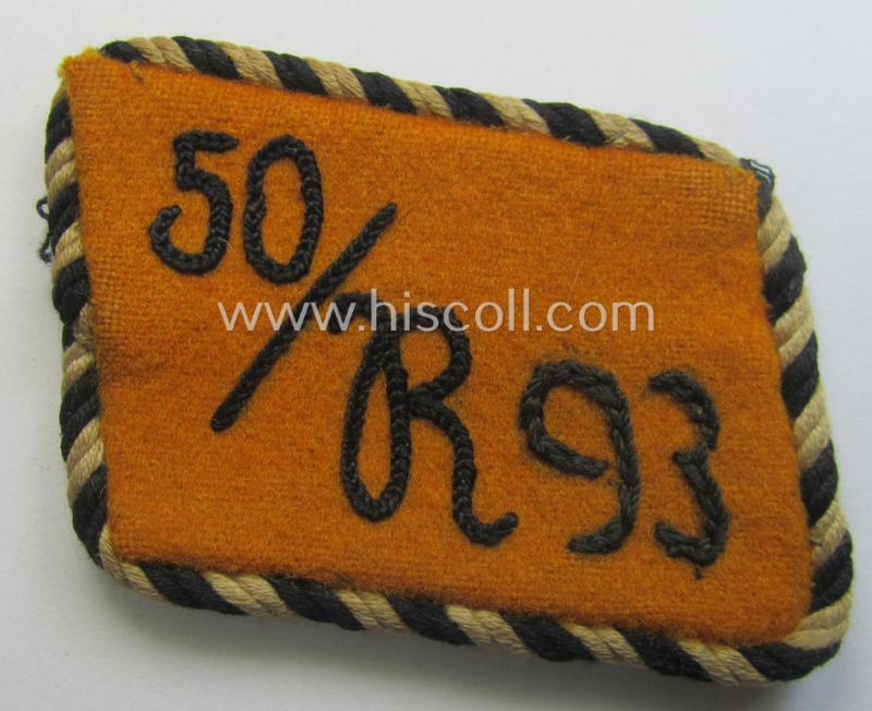 Pair of SA (ie. 'Sturmabteilungen') collar-patches as executed in golden-yellow-coloured wool (and piped in twisted black & white cord) as intended for an: 'SA-Mitglied' serving within the: 'SA-Standarte 50/R93' ('SA-Gruppe Elbe o. Neckar')