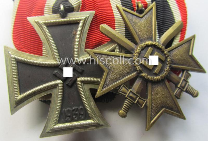 Two-pieced medal-bar (ie. 'Orden- o. Doppelspange') showing resp. an: 'Eisernes Kreuz II. Kl.' and a: 'Kriegsverdienstkreuz II. Klasse mit Schwn.' that both come period-mounted as a: 'Doppelspange'