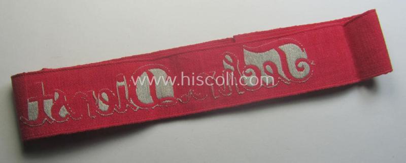 Never before seen - and unidentified! - bright-pink-toned and neatly 'BeVo'-woven, TR-period cuff-title (ie. 'Ärmelstreifen') depicting the greyish-silver-toned text: 'Techn. Dienst'