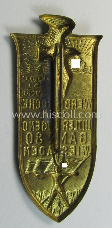 Neat - and unusually found! - HJ (ie.'Hitlerjugend') related 'tinnie' ie. 'Veranstaltungsabzeichen' being a non-maker-marked example showing a sunburst, sea-gull and HJ-flag-bearer and text: 'Werbewoche der Hitler Jugend - Bann 80 - Wiesbaden...