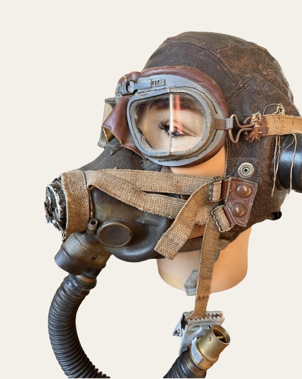 British WWII RAF Flight Cap, Goggles and Oxygen Mask