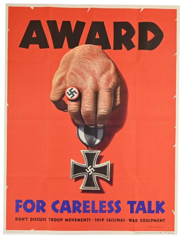 US WW2 Poster 'Award for careless talk'