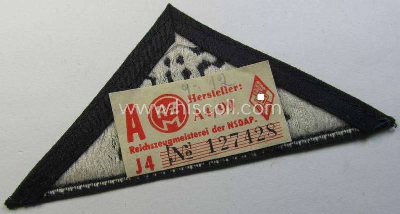 'HJ' ('Hitlerjugend') ie. 'BDM'- ('Bund Deutscher Mädel') district-triangle (ie. 'Gebietsdreieck') entitled: 'Süd Baden' (being a simply never used- nor worn example that still retains its period-attached 'RzM'-etiket)