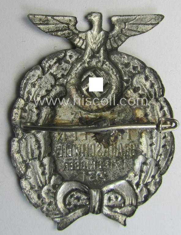 Commemorative, hollow-back- and/or silverish-grey-toned, so-called: SA- (ie. 'Sturmabteilungen'-) related day-badge (ie. 'tinnie') as executed in zinc-based- metal that is showing the text: 'SA-Treffen Braunschweig - 17./18. Oktober 1931'