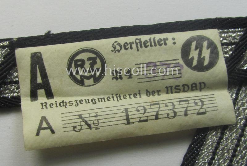 SS (ie. 'Allgemeine o. Waffen-SS') arm-insignia being an 'SS', so-called: 'Ehrenwinkel für Altgediente Kämpfer o. Angehörigen der SS' (or: honorary-chevron for old campaigners) still retaining its period 'RzM'-etiket