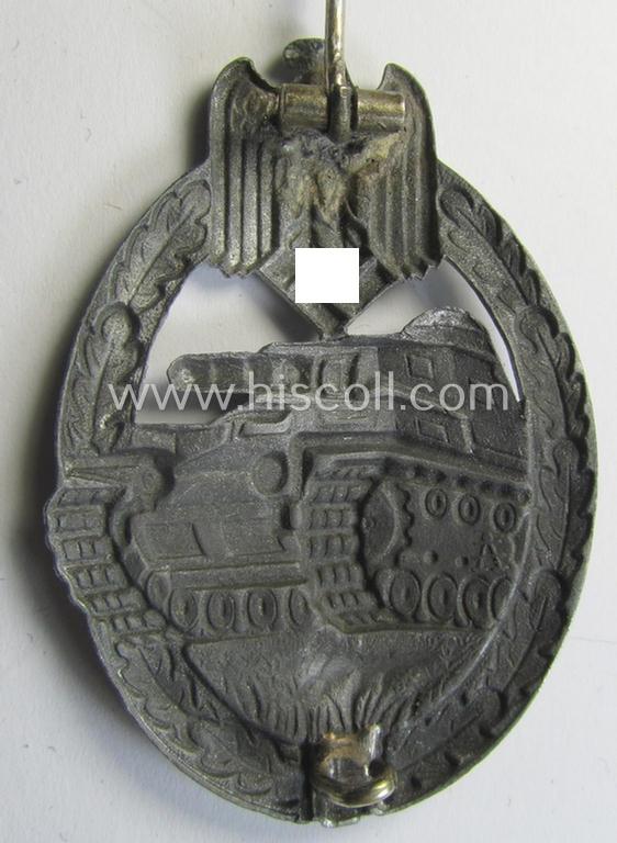 Superb, 'hollow-back' 'Panzerkampfabzeichen in Silber' (or: silver-class panzer-assault badge or PAB) being a clearly maker- (ie. 'A'-) marked- and/or typical zinc- (ie. 'Feinzink'-) based specimen as was procuced by the: 'Assmann'-company