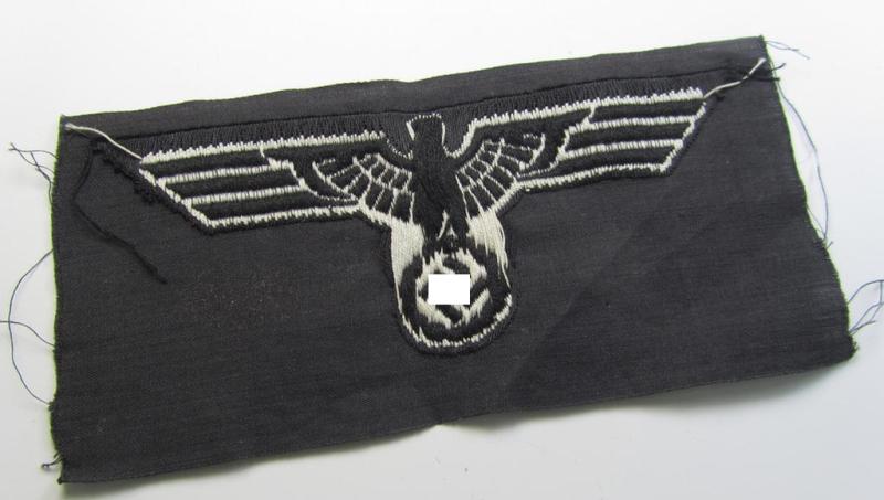 Neat, WH (Heeres) early- (ie. pre-) war-period- and/or white-coloured 'Panzer'-type breast-eagle of the so-called: 'M35'- (ie.'M36'-) pattern as was executed in the neat 'BeVo'-weave pattern on a black-coloured background