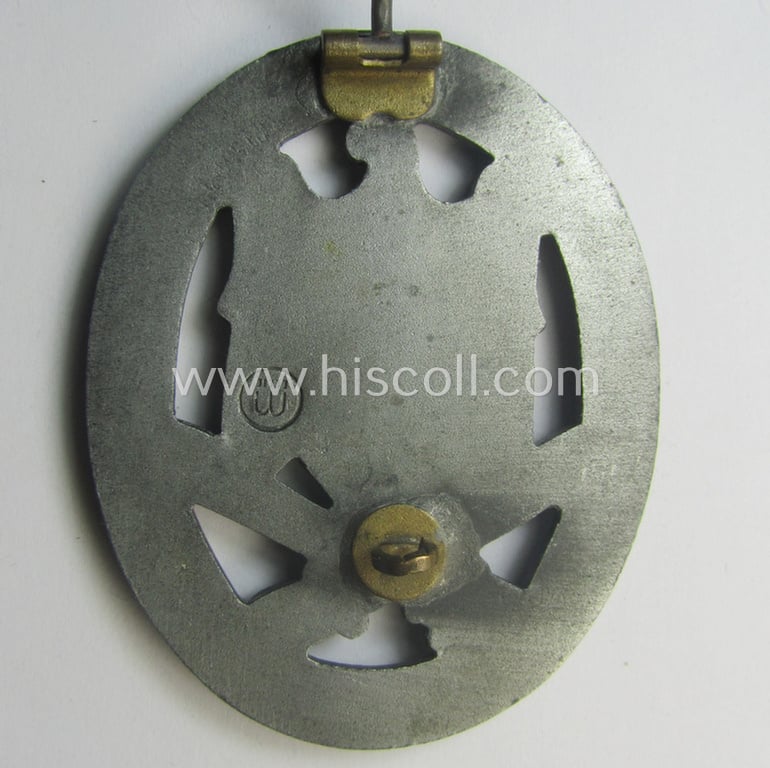 Superb, 'Allgemeines Sturmabzeichen' (or: general assault-badge ie. GAB) being a maker- (ie. 'ÜÜ'- ie. 'E.F. Wiedmann') marked so-called: 'Lily Pad-hinge'-example as was executed in zinc-based metal