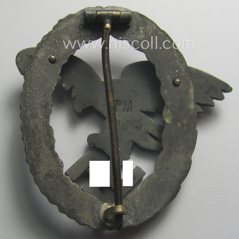 WH (Luftwaffe) 'Flugzeug-Beobachter-Abzeichen' (ie. observers'-war-badge) being a neatly maker- (ie. 'PM'- ie. 'Paul Meybauer'-) marked and/or: typical zinc- ie. 'Feinzink'-based example