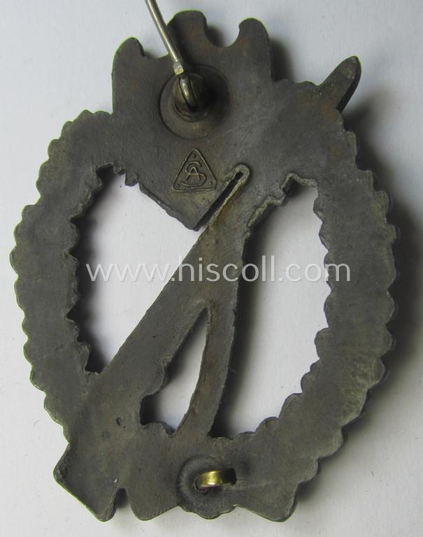 'Infanterie Sturmabzeichen in Bronze' (or: bronze-class infantry assault-badge ie. IAB) being a maker- (ie. 'AS'- ie. 'Adolf Scholze') marked so-called: 'solid-back'-example as was executed in zinc-based metal