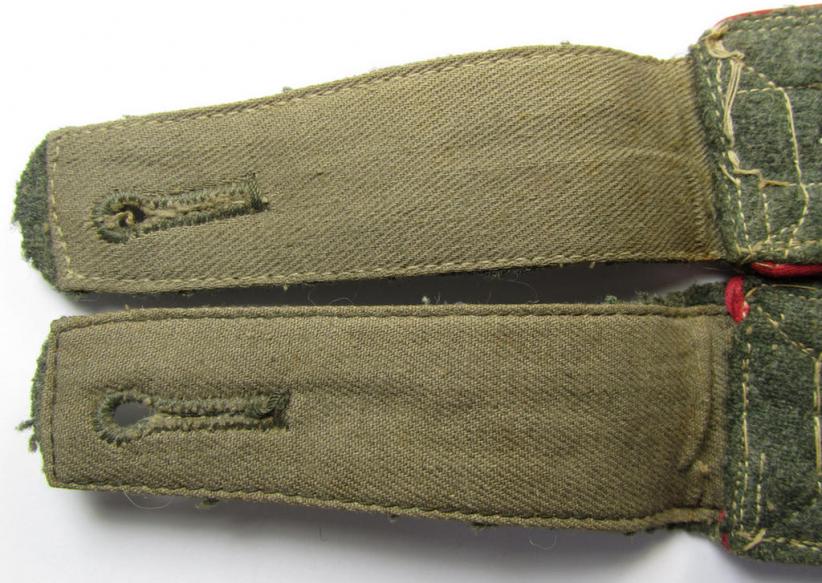 Fully matching, WH (Heeres), IMO mid-war-period- (ie. 'M43'-pattern-) 'cyphered' NCO-type shoulderstraps as piped in the darker-pink (or: 'karmesinroter'-) coloured branchcolour as was intended for a: 'Feldwebel der Veterinär-Truppen'