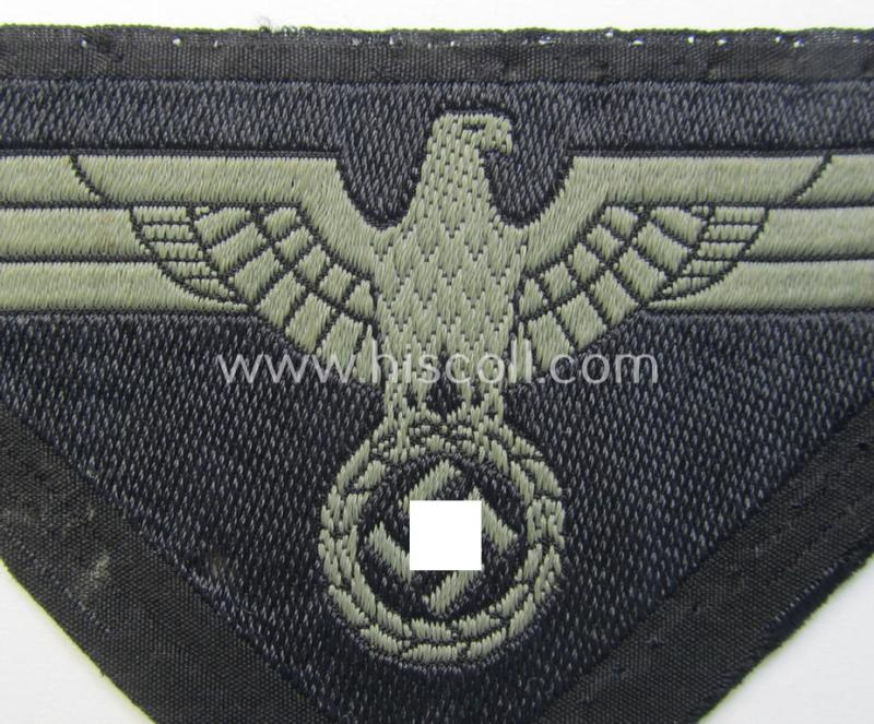 Attractive - and scarcely found! - later-war-period, WH (Heeres) - ie. 'Panzer'-related, so-called: 'M44'-pattern, trapezoid-shaped breasteagle being a greyish-coloured example as executed in the 'BeVo'-weave pattern on a black-coloured backgro...