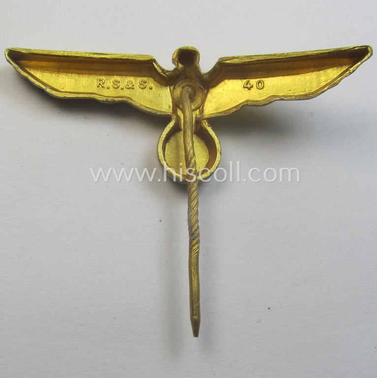 WH (Kriegsmarine) 'single-pattern'-eagle-pin being a clearly maker- (ie. 'R.S.& S. - 40'-) marked example as was intended for attachment to the (darker-blue- ie. white-topped-) so-called: 'Tellermützen'