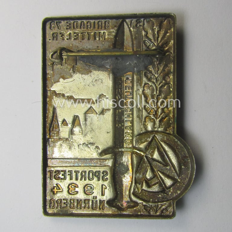 SA- (ie. 'Sturmabteilungen'-) related 'tinnie' being a non-maker-marked example showing an SA-dagger and text: 'Brigade 78 Mittelfr. - Sportfest 1934 - Nürnberg'