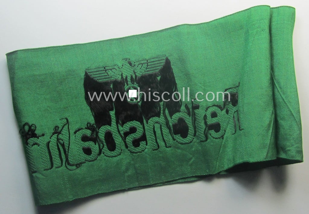 DRB- (ie. 'Deutsche Reichsbahn'-) related armband entitled: 'Reichsbahn' being of the 'entirely-woven'-type onto (typical) linnen-based cloth in a technique similar to the 'BeVo'-weave pattern
