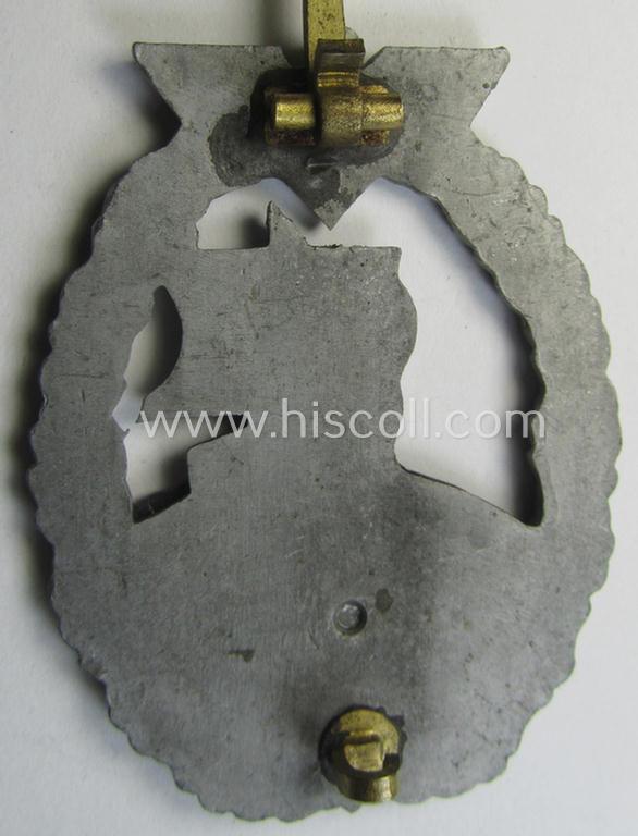 WH (KM) 'Hilfskreuzer-Kriegsabzeichen' (or: auxiliary-cruiser war-badge) being a typical, non-maker-marked- and/or: 'Feinzink'-based example as was produced by the: 'S&L'-company