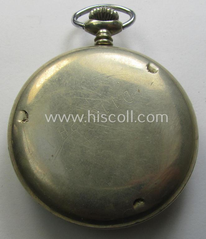 Non-functional 'Deutsche Wehrmacht'- (ie. typical WWII-period!) pocket-watch (ie. 'Dienstuhr') of the make: 'Helvetia' having a black-coloured dial-plate and/or engraved back-plate that reads: 'D 19942 H'