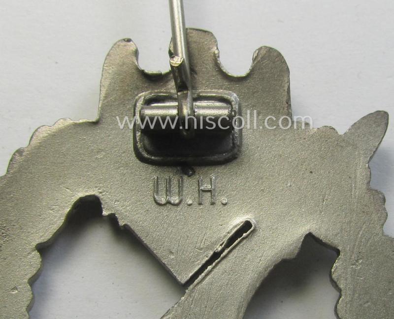 Stunning - and 'virtually mint'! - 'Infanterie Sturmabzeichen in Silber' being a maker- (ie. 'W.H.'-) marked, 'solid-back' example by the Austrian-based maker: 'Wilhelm Hobacher' as was executed in bright silver-coloured, zinc-based metal