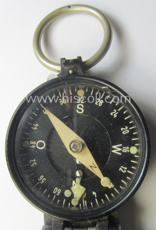 Pre-war-period, 'standard-issue'-pattern and/or (typical) black-coloured (and/or aluminium-based) WH compass (ie. 'Marschkompass') which is nicely maker- (ie. 'Busch - D.R.G.M.'-) marked and/or individually numbered: '106302'