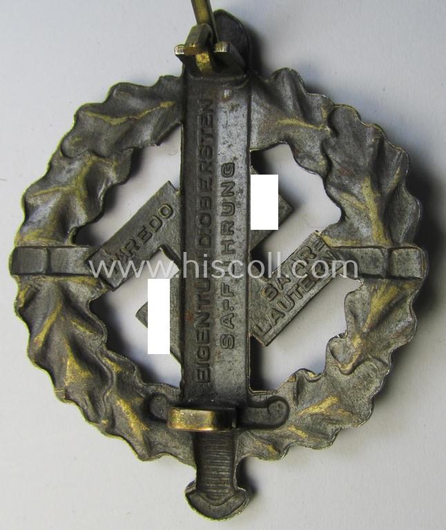 Neat - and just moderately used! - early- (ie. mid-) war period example of an: 'SA-Sportabzeichen in Bronze' being a nicely maker- (ie. 'W. Redo - Saarlautern'-) marked example that is void of an an impressed bearers'-number