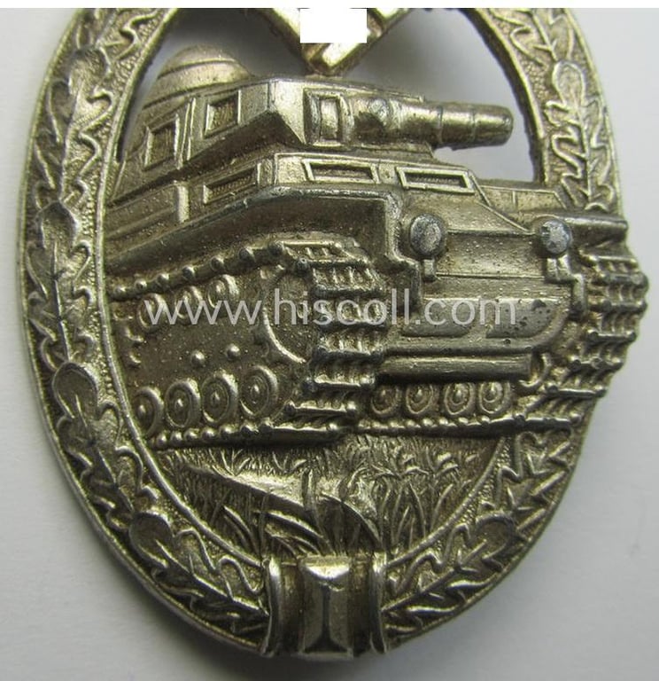 'Panzerkampfabzeichen in Silber' (or: silver-class panzer-assault badge or PAB) being a clearly maker- (ie. 'AS'-) marked- and/or zinc- (ie. 'Feinzink'-) based specimen, as was procuced by the: 'Adolf Scholze'- (ie. 'A.S.'-) company