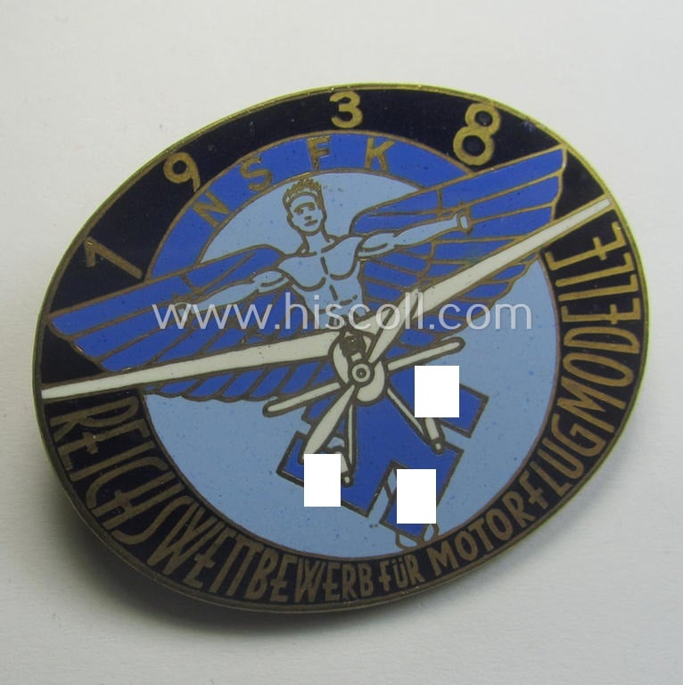 Commemorative, N.S.F.K.-related brooch (ie. 'Brosche') being a maker- (ie. 'Brehmer'-) marked example depicting the N.S.K.K.-logo (ie. 'fliegender Mensch') and text: 'N.S.F.K. - Reichswettberwerb für Motorflugmodelle - 1938'