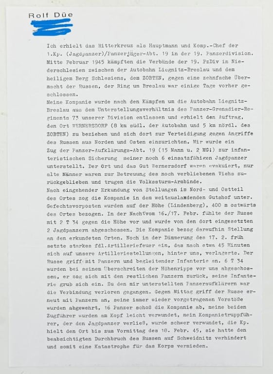 Signature of Wehrmacht (Heer) KC Recipient 'Rolf Düe'