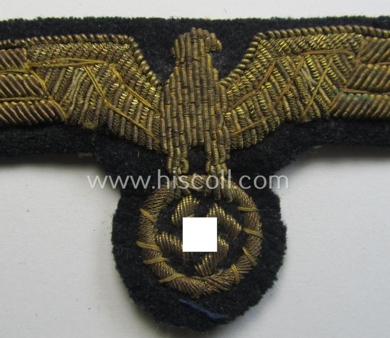 Superb - and just moderately used! - WH (Kriegsmarine) officers'-type, hand-embroidered breast-eagle (ie. 'Brustadler für Offiziere') as was executed in bright-golden-coloured braid as was intended for usage on the various officers'-pattern tunic...