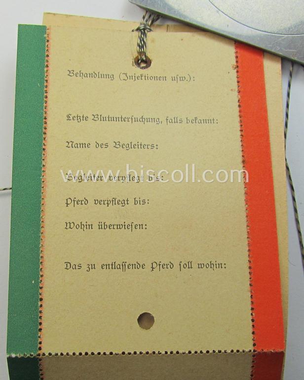 Interesting - and rarely encountered! - fully complete, WH (Heeres, Luftwaffe etc.) related medical wound-card-booklet (ie. 'Wundzettelbuch') entitled: '10 Pferdekrankenzettel' (as being specifically intended for usage by: 'Veterinaire'