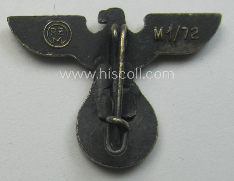 Silverish-grey-coloured - and very detailed! - so-called: 'N.S.D.A.P.'-supporter- (ie. membership-) lapel-pin (ie. 'tie'-pin) being a maker- (ie. 'RzM - M1/72'-) marked example showing a pronounced: 'Reichsadler'-device