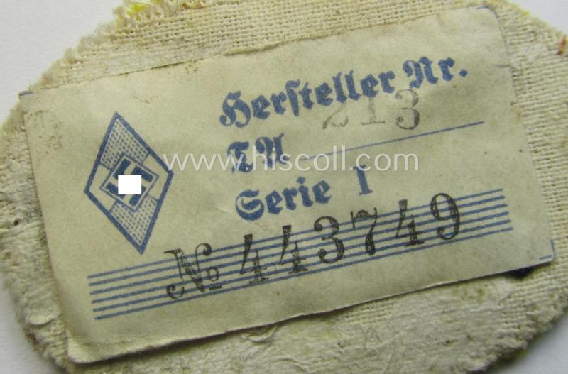 Early-period, HJ- (ie. 'Hitlerjugend') trade- or: specialist-armbadge as executed in the hand-embroidered pattern as was intended for usage by a: 'Reiter-HJ'-member (or: mounted-HJ-member) still retaining its period 'RzM'-etiket