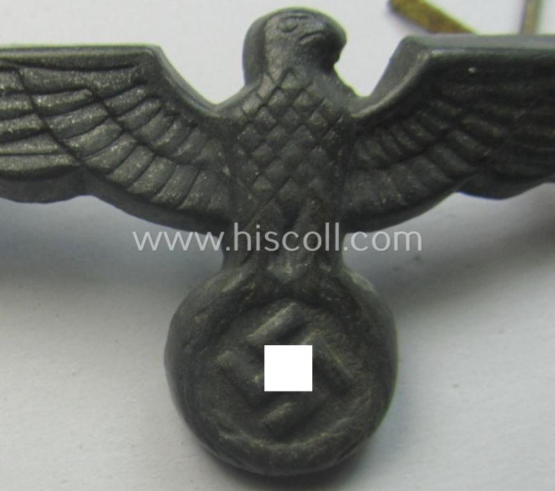 WH (Heeres) tarnished silver-toned (ie. 'Feinzink'-based), EM- (ie. NCO- or officers') type visor-cap-eagle being a non-maker-marked example that comes in a just minimally used- ie. once cap-attached, condition