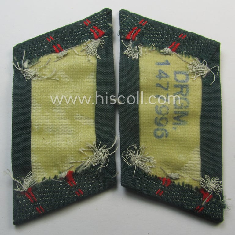 Pair of WH (Heeres) later-war-pattern, officers'-type collar-tabs (ie. 'Kragenspiegel für Offiziere') as entirely executed in 'BeVo'-weave pattern as was intended for an officer serving within the: '(Sturm)Artillerie-Trpn.'