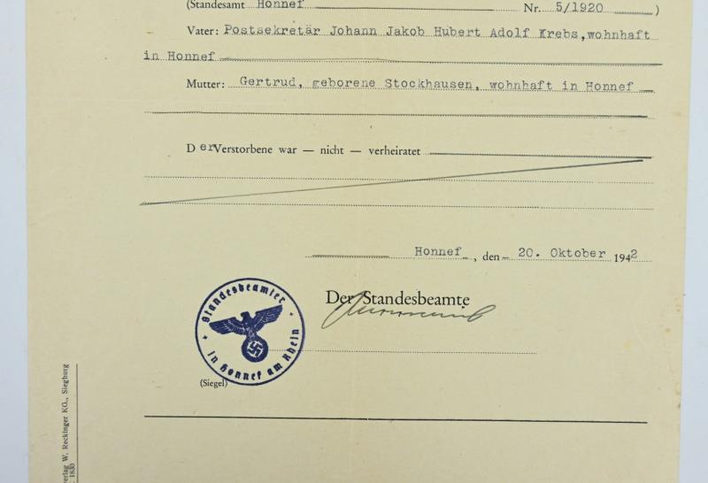 German Death Certificate 'SS Sturmann Krebs'