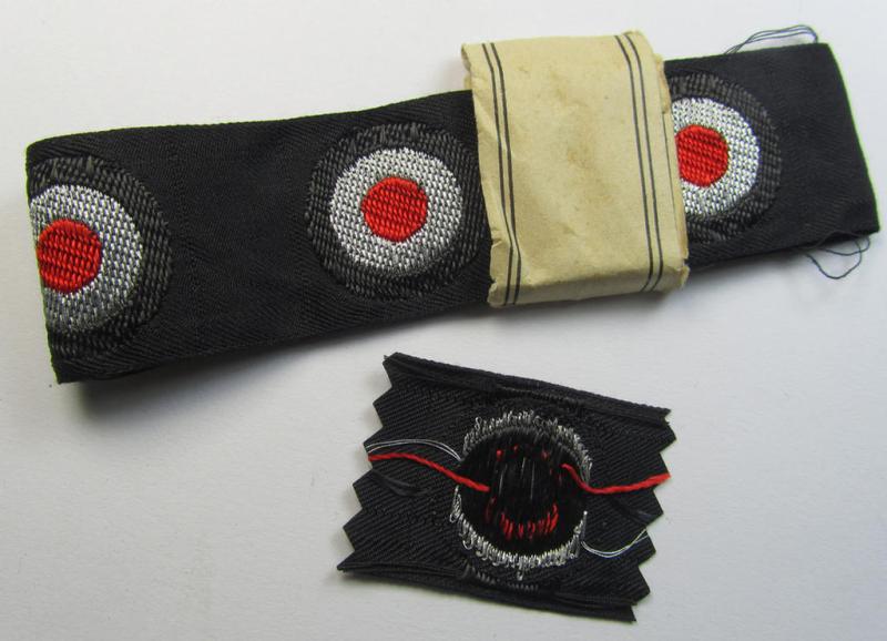 Superb - and rarely found! - WH (Heeres) Pz-cap-cocarde as executed in flatwire 'BeVo'-weave pattern onto a black-coloured background as was intended for usage on the black-coloured Pz-officer-type side-caps (ie. 'Schiffchenmützen')