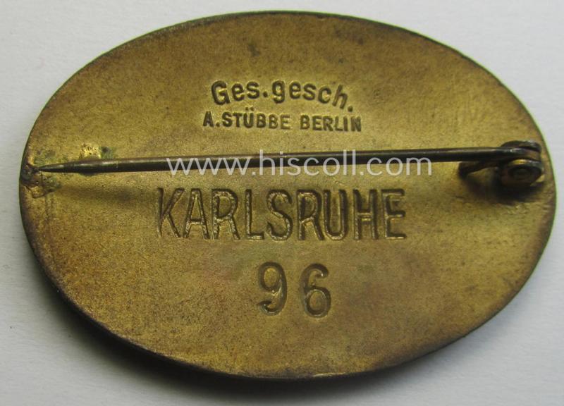 Superb - and rarely seen! - DRK (ie. 'Deutsches Rotes Kreuz') so-called: nurses'-badge entitled: 'Hilfsschwester' being an oval-shaped- and/or maker-marked specimen showing an engraved bearers'-number: ('96') and towns'-name: 'Karlsruhe'