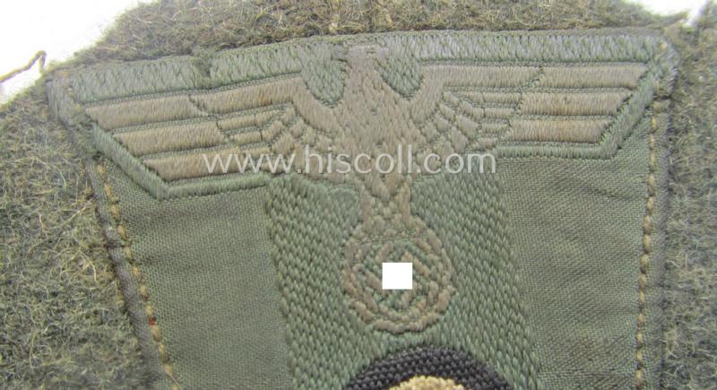 WH (Heeres) so-called: 'T-shaped'- (ie. 'M42-pattern') cap-eagle/cocarde (ie. cap-trapezoid) as executed in 'BeVo'-weave pattern that comes still mounted onto its 'cut-out' cap front-piece
