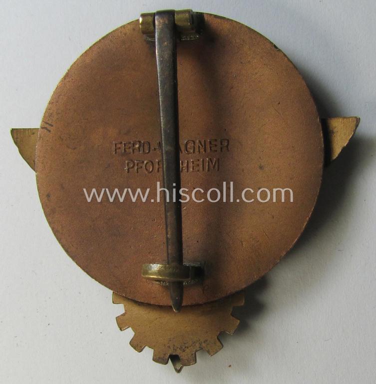 'HJ'- ('Hitlerjugend') ie. 'BDM'- ('Bund Deutscher Mädel') related: 'Reichsberufswettkampf-Siegerabzeichen' (of the 2nd model) entitled: 'Kreissieger 1939' and being a neatly maker- (ie.: 'Ferd. Wagner'-) marked example