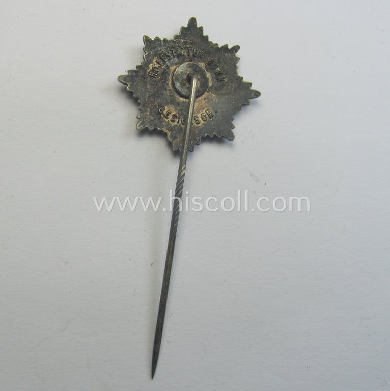 Semi-enamelled, RLB- (ie. 'Reichluftschützbund') 'Zivilabzeichen' or: civil-attire badge (of the first pattern) that is bearing a maker- (ie. 'Hofstätter - Bonn') and/or patent-pending- (ie. 'Ges.Gesch.'-) marking