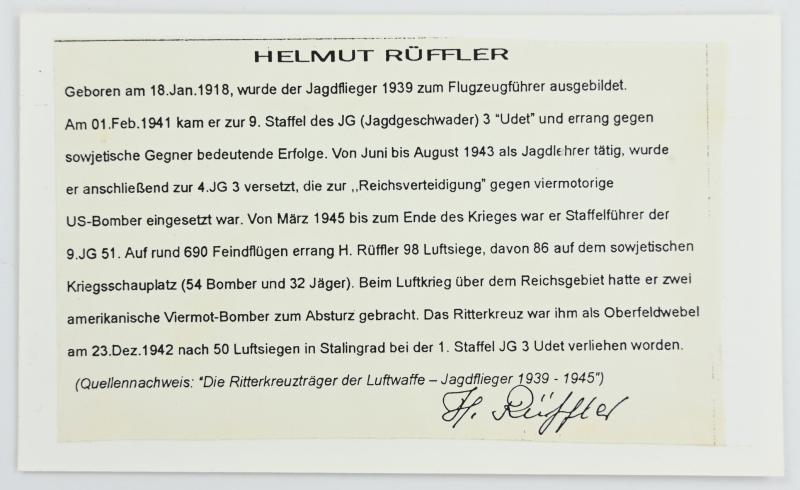 Signature of Luftwaffe KC Recipient 'Helmut Rüffler'