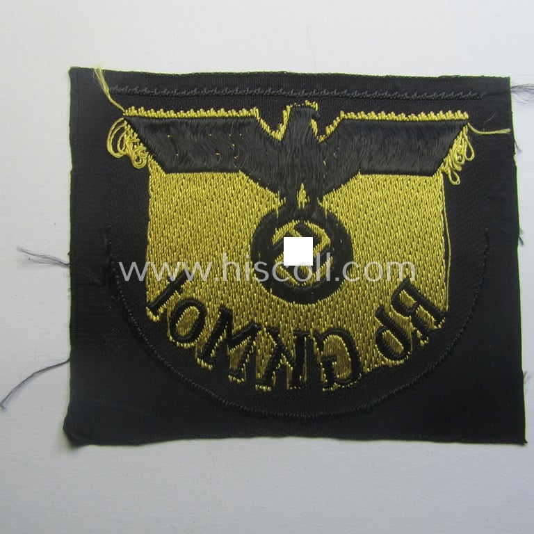 Rarely seen, RB- ('Reichsbahn'-) related arm-eagle (ie. 'Ärmeladler') as executed in 'BeVo'-weave pattern depicting the text: 'Rb GKMot' (as was presumably intended for an official of the: 'Deutsche Reichsbahn')