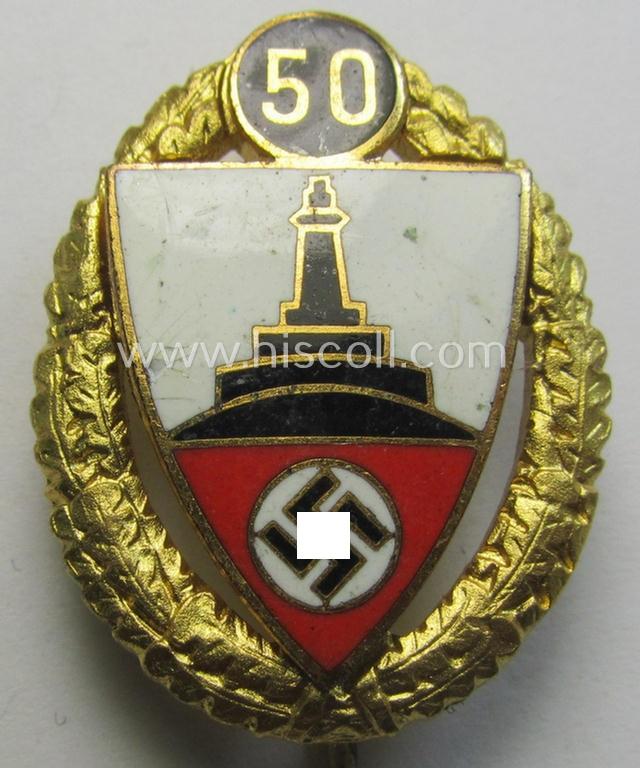 Attractive, honorary-membership lapel-pin (aka: 'Goldene Ehrennadel für 50 Jahre Mitgliedschaft im Deutscher Reichskriegerbund Kyffhäuser' (ie. 'D.R.K.B.') being a non-maker-marked example that bears a: 'Ges.Gesch.'-designation on its back