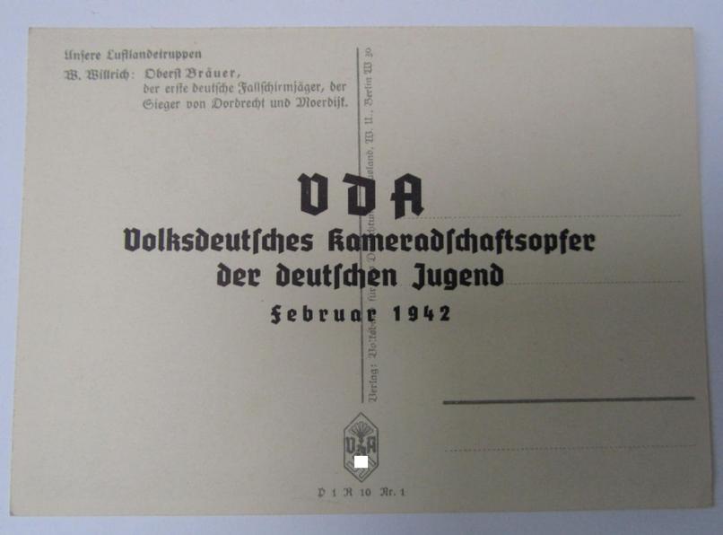 Neat, period- and/or colourfull, so-called: 'Willrich'-type-, picture-postcard from the famous series: 'Unsere Luftlandetruppen', depicting the 'Fallschirmjäger u. Oberst' Bräuer that comes in a virtually mint- ie. unissued condition
