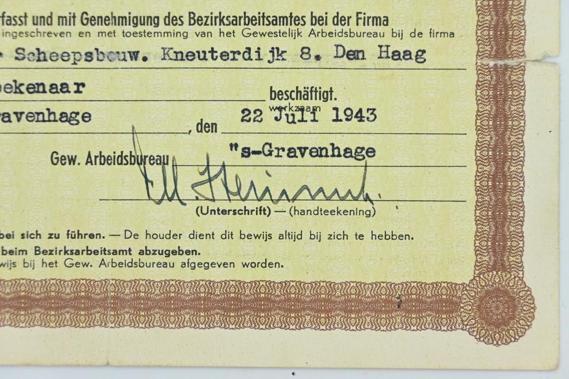 Dutch WW2 Ausweis  / ID Card Worker Exception