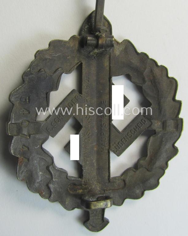 Attractive, early- (ie. pre-) war-period 'SA Sportabzeichen in Bronze' being a nicely maker- (ie. 'E. Schneider'-) marked example that bears a unique, stamped bearers'-number that reads: '540744' on its back