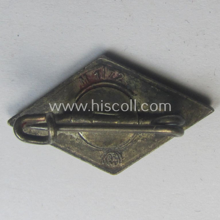 HJ (ie. 'Hitlerjugend') enamelled lapel-pin (ie.: 'Raute') with a: 'RzM - M1/72'-makers'-designation