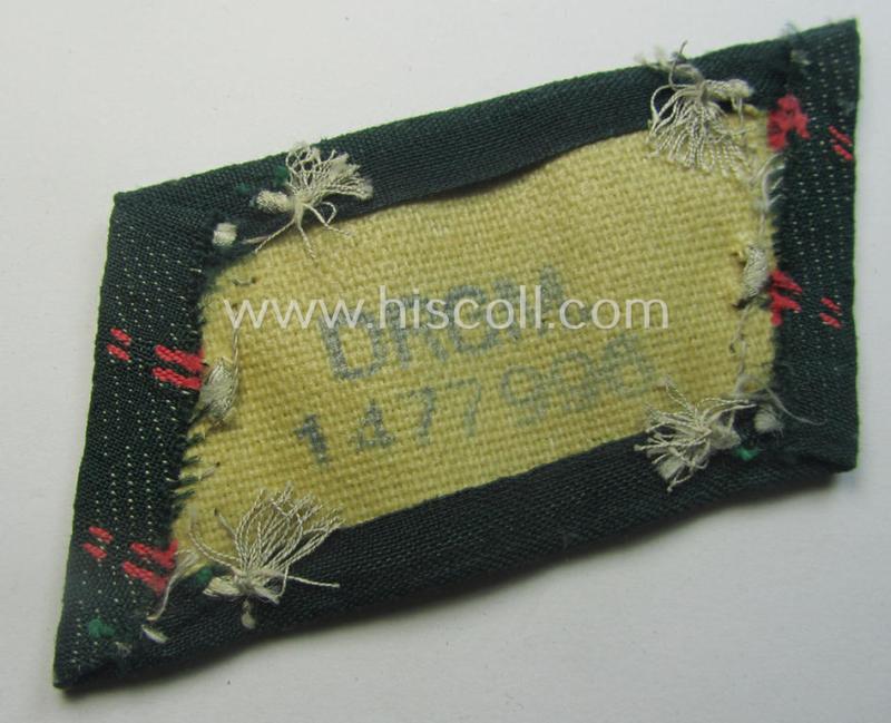 WH (Heeres) pair of (later-war-pattern) officers'-type collar-tabs (ie. 'Kragenspiegel für Offiziere') as executed in 'BeVo'-weave pattern as was intended for an officer serving within the: 'Panzer- o. Panzerjäger-Trpn.'