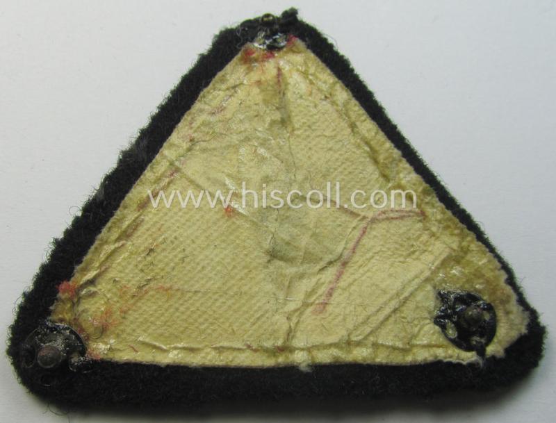 Attractive - and presumably Dutch-produced - example of an early-pattern (and truly neatly hand-embroidered!) WA- (or: 'Weerafdelingen'-) related 'Wolfshook'-cap-triangle as was intended for usage on the black-coloured visor-caps